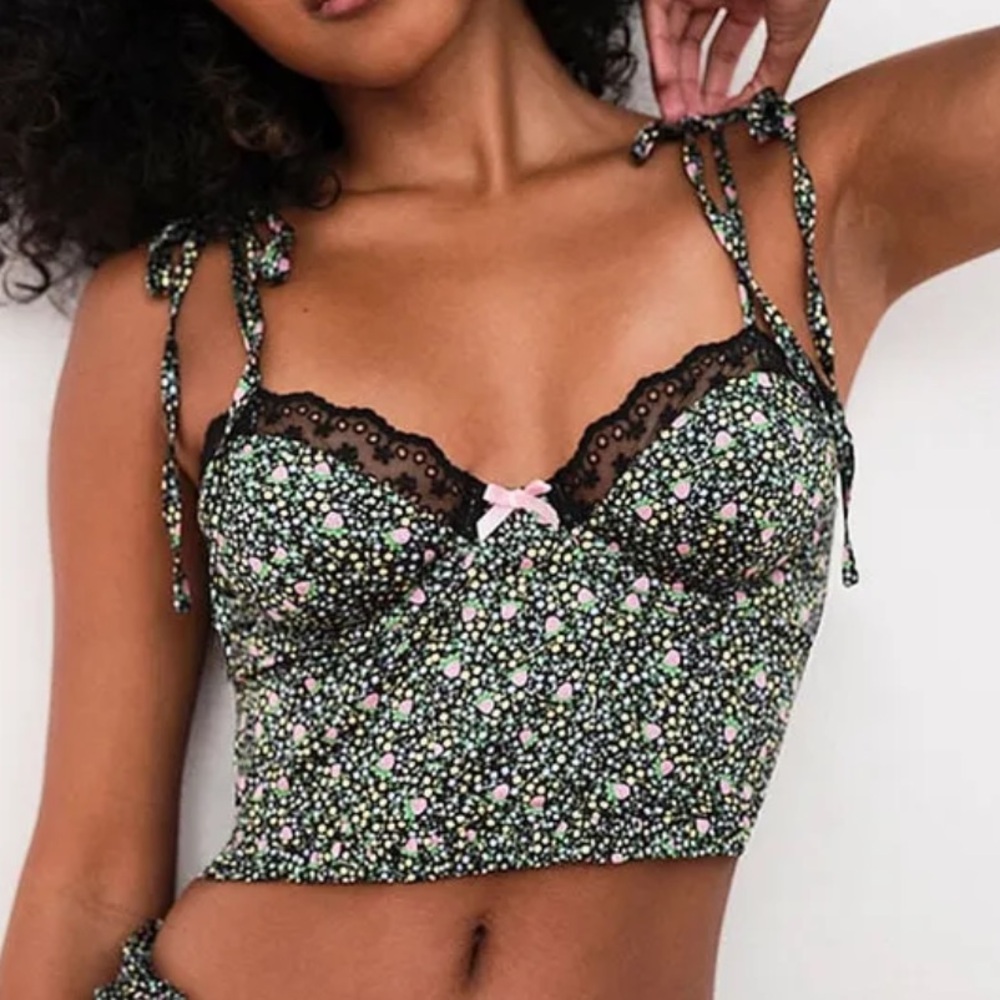 For Love And Lemons Green and Pink Bustier with Strawberry print and bows